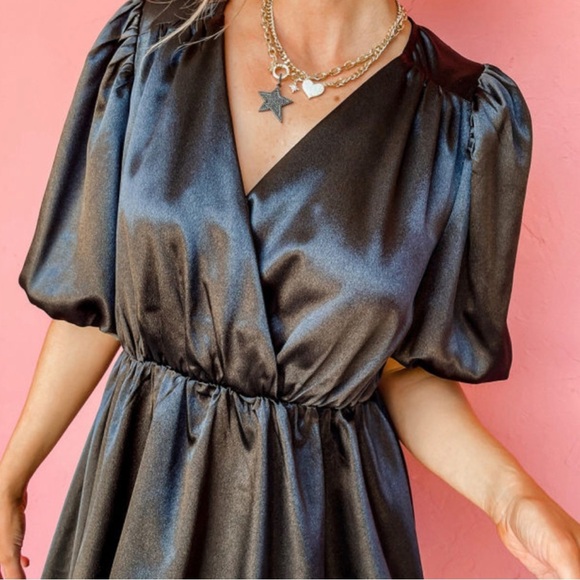 Black Bubble Sleeve Satin Mini Dress - Picture 3 of 5